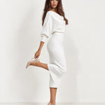 White Cowl Neck Midi Dress Ribbed Batwing Sleeve