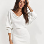 White Cowl Neck Midi Dress Ribbed Batwing Sleeve
