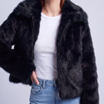 Faux Fur Jacket Women's Cropped Fluffy Coat with High Collar and Zip Front - Black