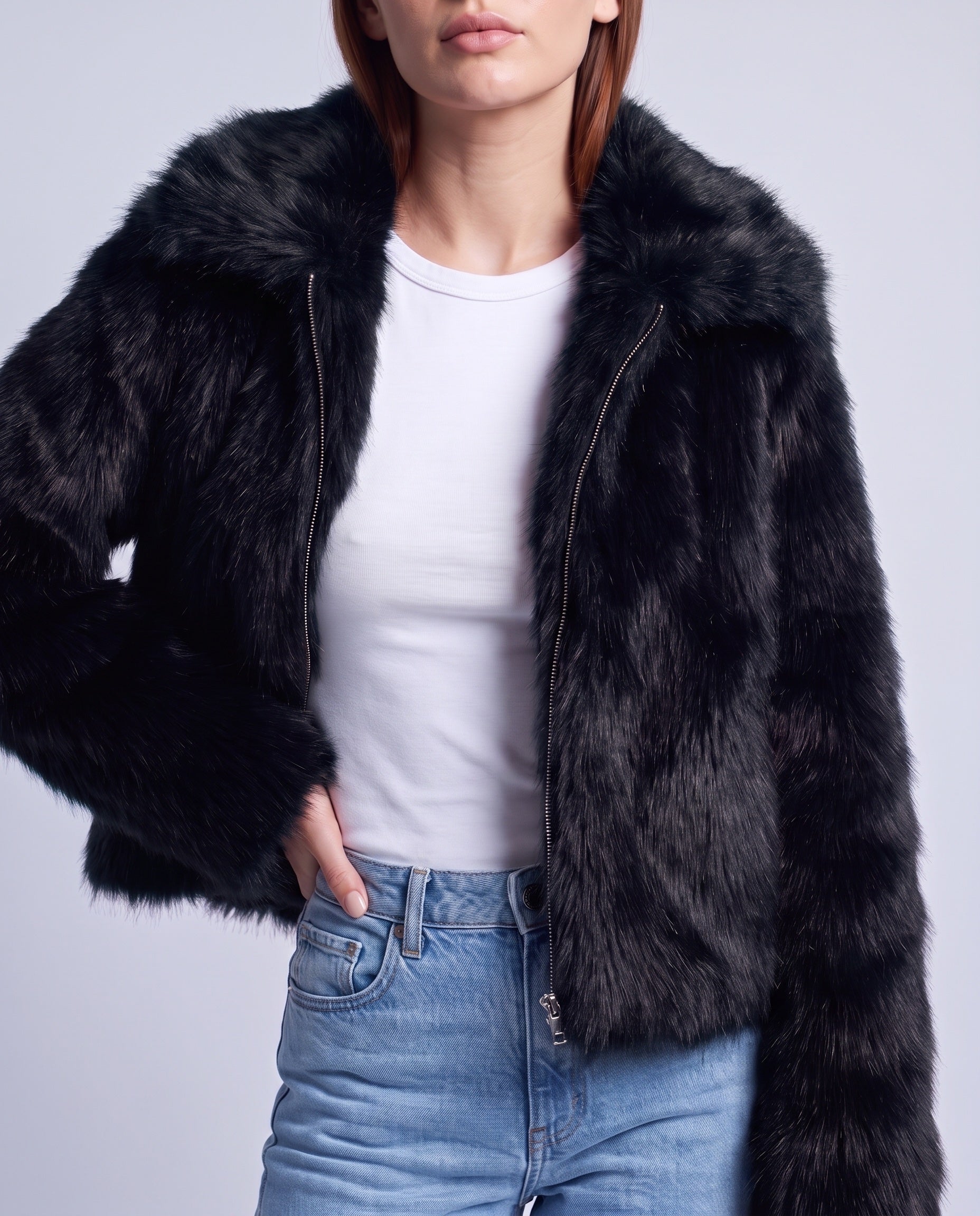 Faux Fur Jacket Women's Cropped Fluffy Coat with High Collar and Zip Front - Black
