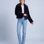 Faux Fur Jacket Women's Cropped Fluffy Coat with High Collar and Zip Front - Black