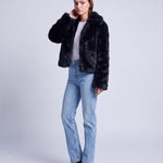 Faux Fur Jacket Women's Cropped Fluffy Coat with High Collar and Zip Front - Black