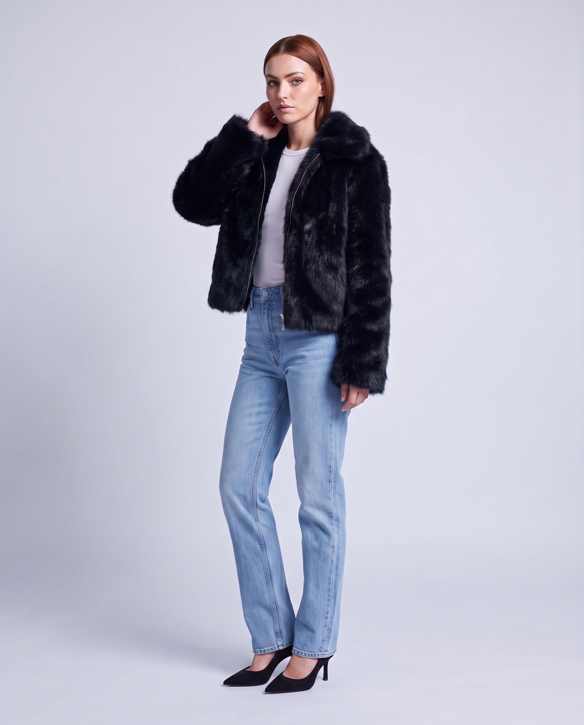 Faux Fur Jacket Women's Cropped Fluffy Coat with High Collar and Zip Front - Black