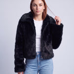 Faux Fur Jacket Women's Cropped Fluffy Coat with High Collar and Zip Front - Black