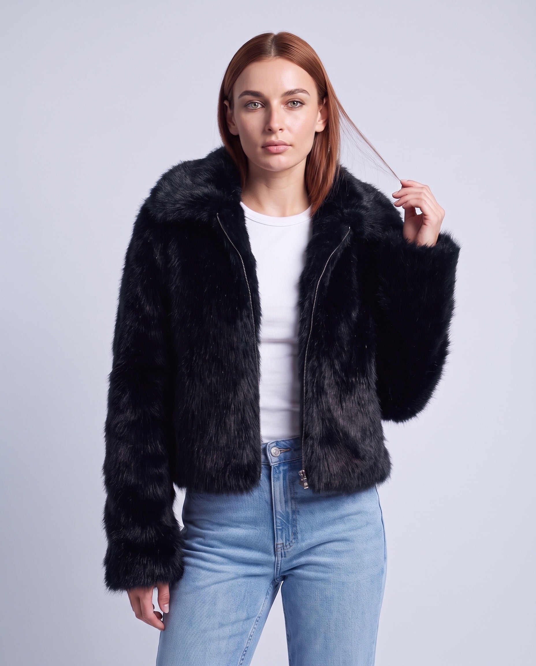 Faux Fur Jacket Women's Cropped Fluffy Coat with High Collar and Zip Front - Black