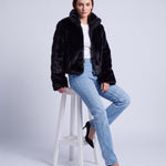 Faux Fur Jacket Women's Cropped Fluffy Coat with High Collar and Zip Front - Black