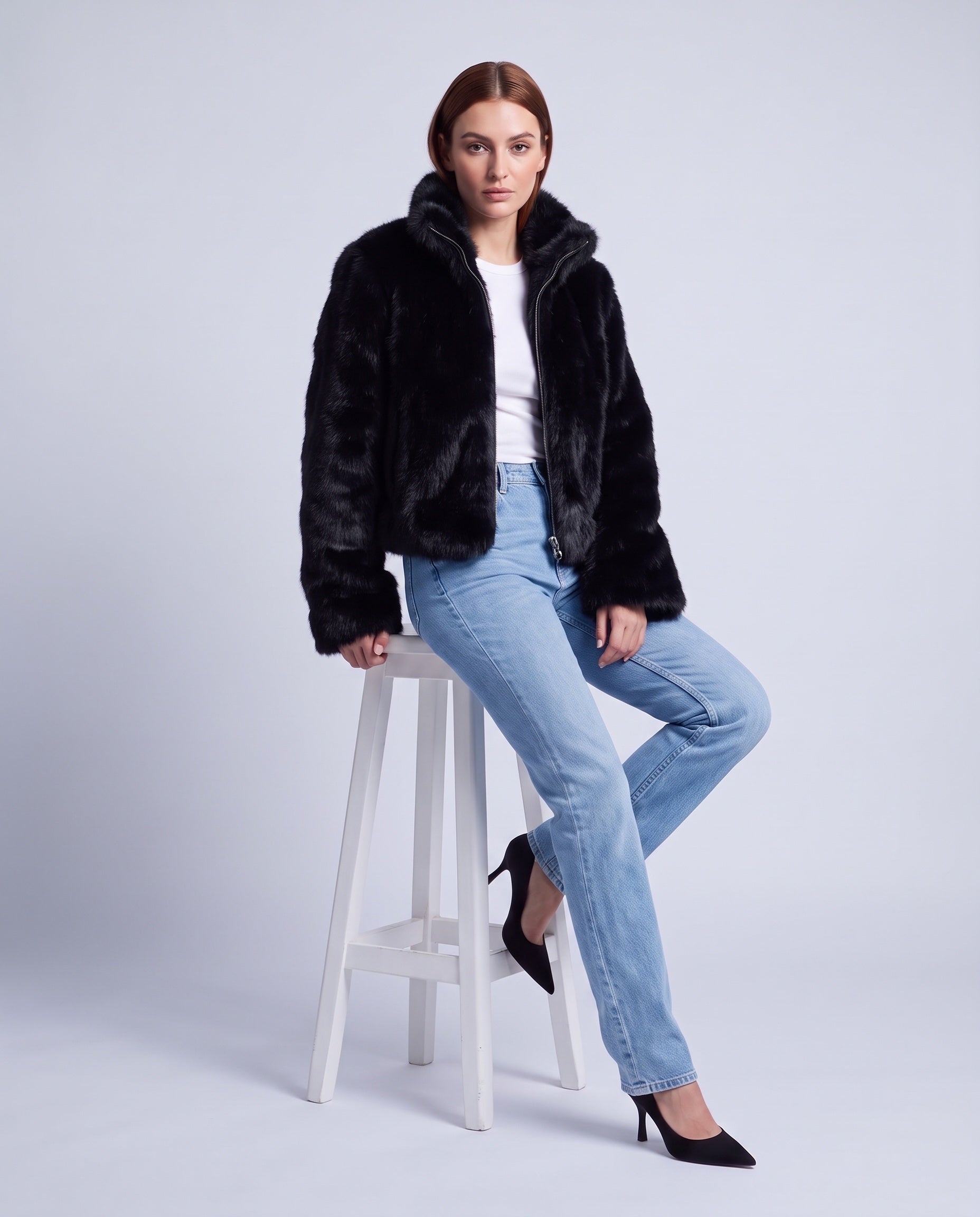 Faux Fur Jacket Women's Cropped Fluffy Coat with High Collar and Zip Front - Black