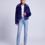 Faux Fur Jacket Women's Cropped Fluffy Coat with High Collar and Zip Front - Blue