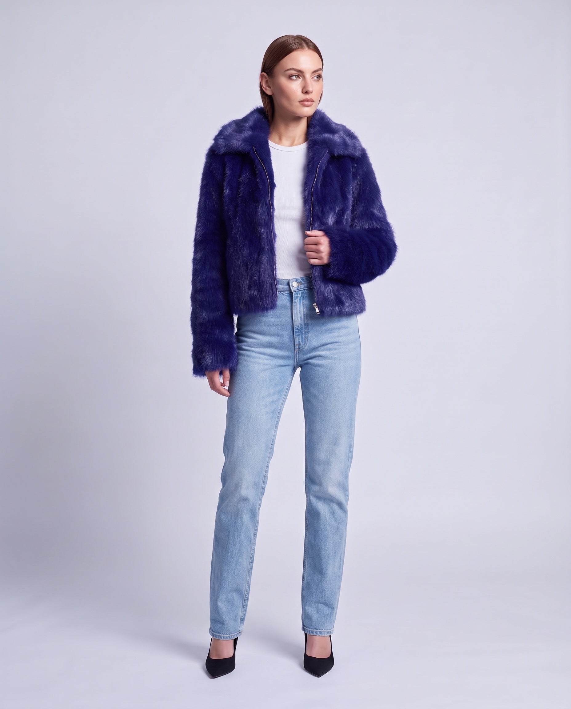 Faux Fur Jacket Women's Cropped Fluffy Coat with High Collar and Zip Front - Blue