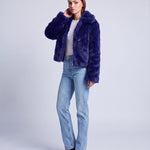 Faux Fur Jacket Women's Cropped Fluffy Coat with High Collar and Zip Front - Blue