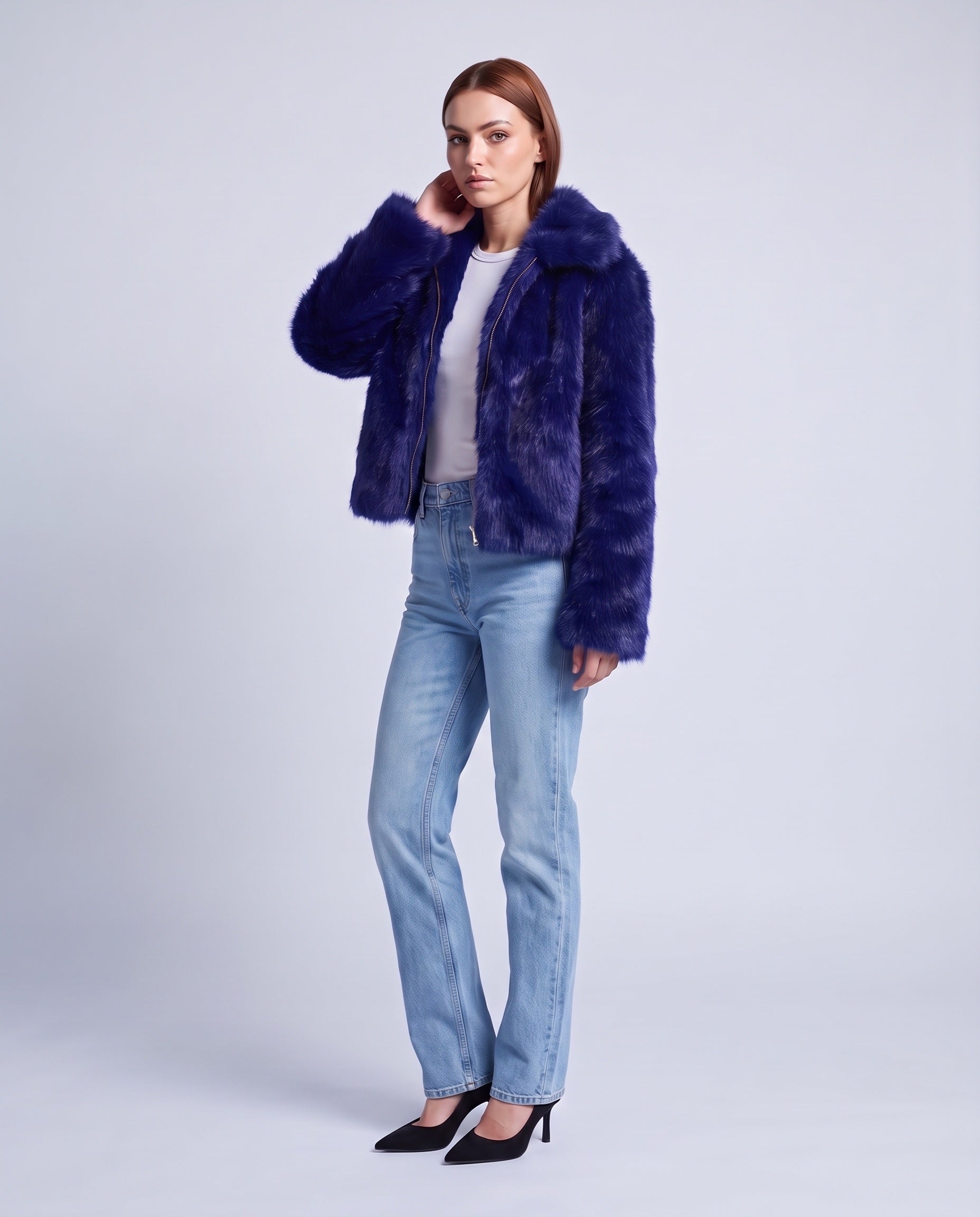 Faux Fur Jacket Women's Cropped Fluffy Coat with High Collar and Zip Front - Blue