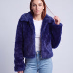 Faux Fur Jacket Women's Cropped Fluffy Coat with High Collar and Zip Front - Blue