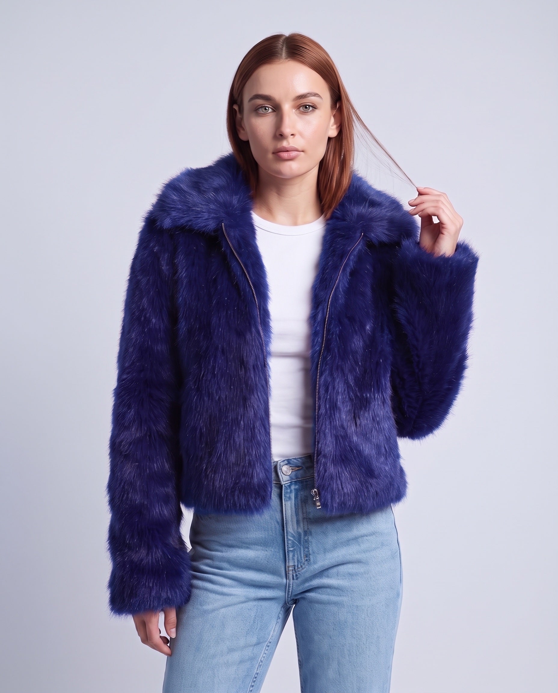 Faux Fur Jacket Women's Cropped Fluffy Coat with High Collar and Zip Front - Blue