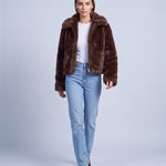 Faux Fur Jacket Women's Cropped Fluffy Coat with High Collar and Zip Front - Dark Brown