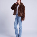 Faux Fur Jacket Women's Cropped Fluffy Coat with High Collar and Zip Front - Dark Brown