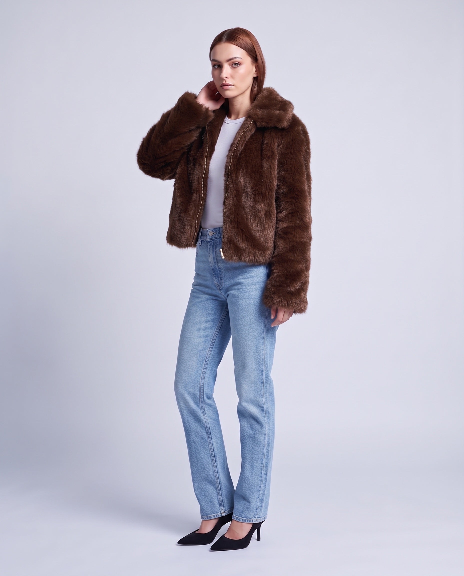Faux Fur Jacket Women's Cropped Fluffy Coat with High Collar and Zip Front - Dark Brown