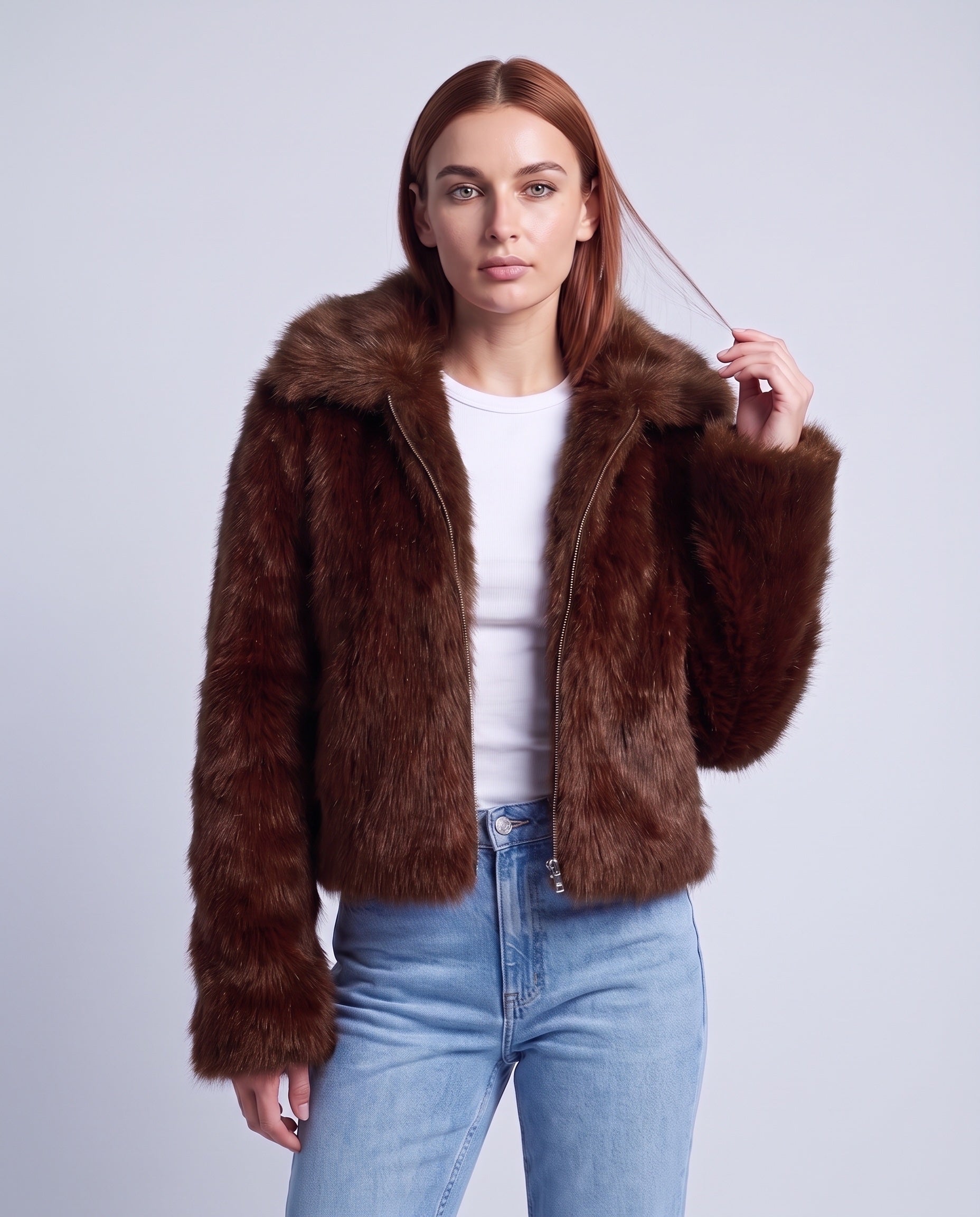 Faux Fur Jacket Women's Cropped Fluffy Coat with High Collar and Zip Front - Dark Brown