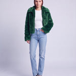 Faux Fur Jacket Women's Cropped Fluffy Coat with High Collar and Zip Front - Green