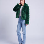 Faux Fur Jacket Women's Cropped Fluffy Coat with High Collar and Zip Front - Green