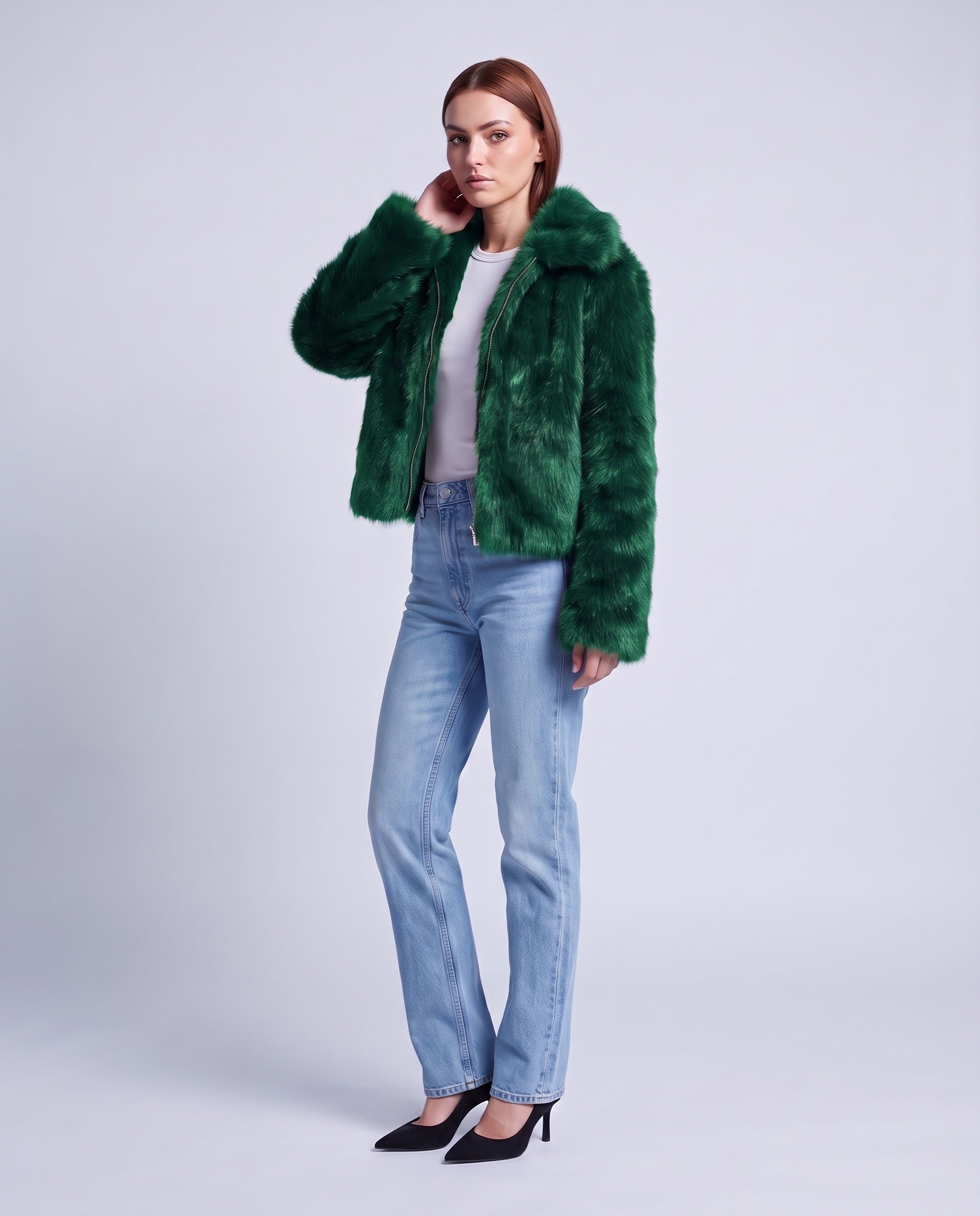 Faux Fur Jacket Women's Cropped Fluffy Coat with High Collar and Zip Front - Green
