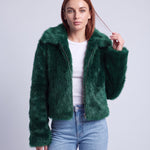 Faux Fur Jacket Women's Cropped Fluffy Coat with High Collar and Zip Front - Green