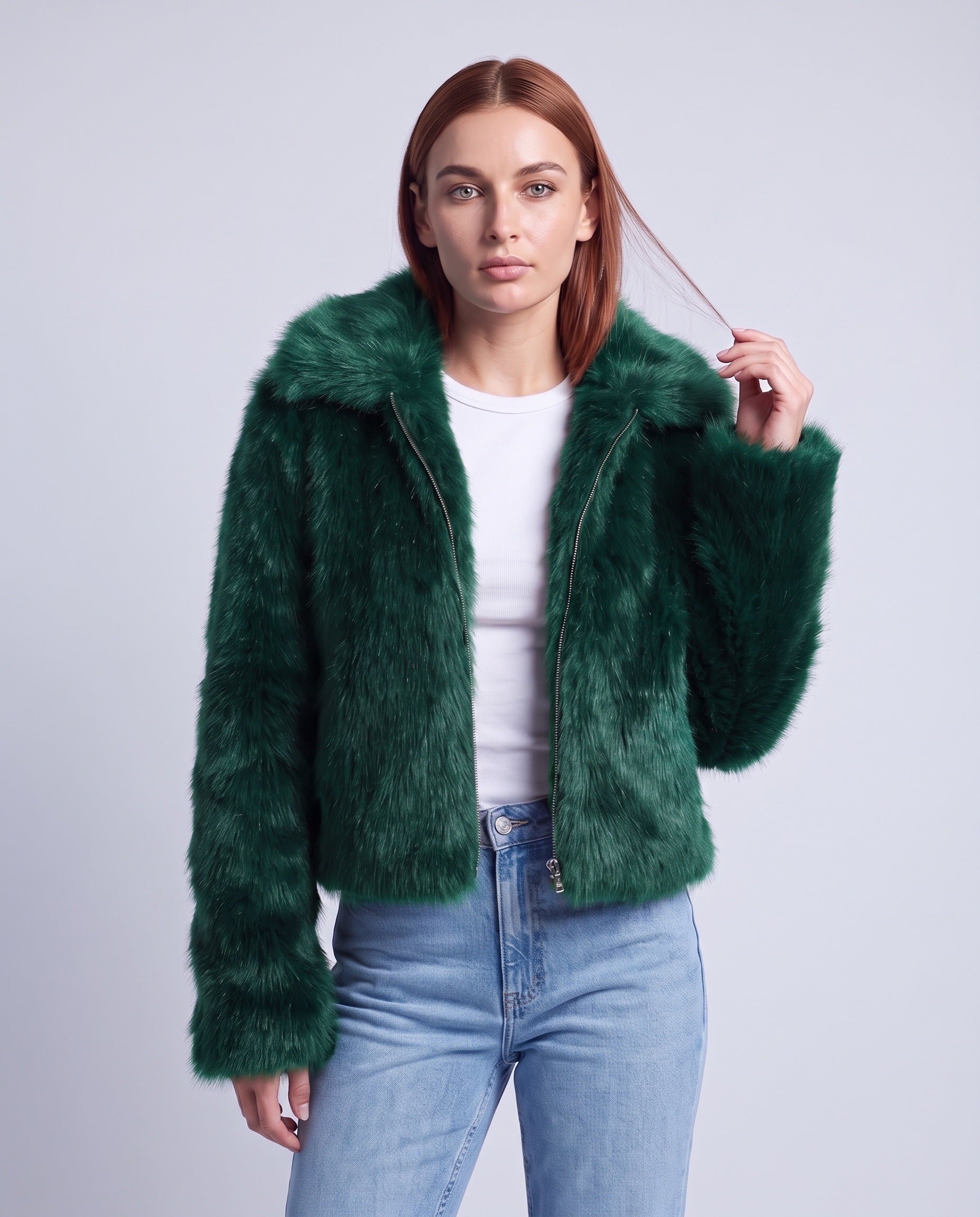 Faux Fur Jacket Women's Cropped Fluffy Coat with High Collar and Zip Front - Green