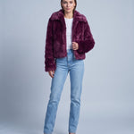 Faux Fur Jacket Women's Cropped Fluffy Coat with High Collar and Zip Front - Purple
