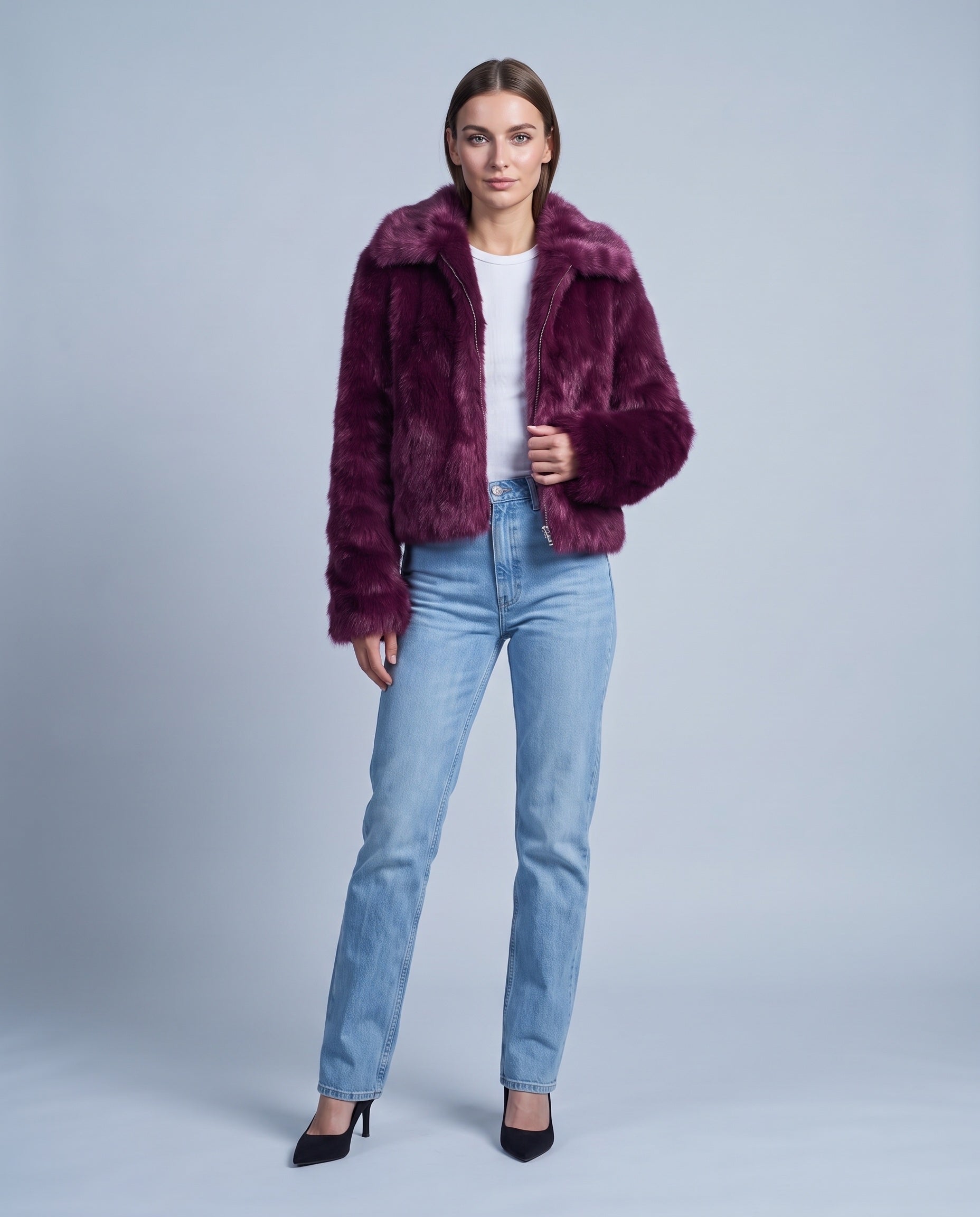 Faux Fur Jacket Women's Cropped Fluffy Coat with High Collar and Zip Front - Purple