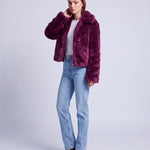 Faux Fur Jacket Women's Cropped Fluffy Coat with High Collar and Zip Front - Purple