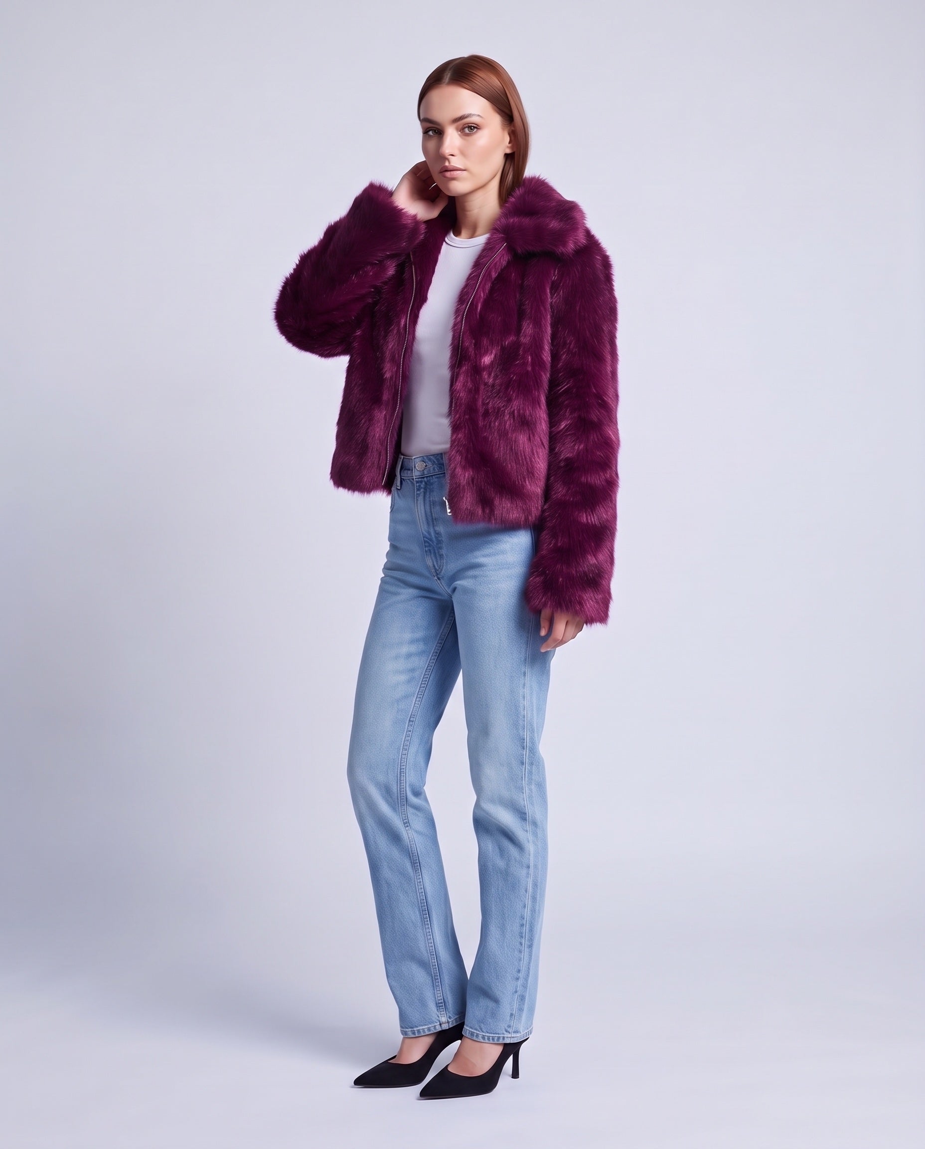 Faux Fur Jacket Women's Cropped Fluffy Coat with High Collar and Zip Front - Purple