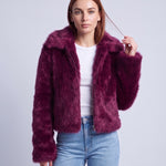 Faux Fur Jacket Women's Cropped Fluffy Coat with High Collar and Zip Front - Purple