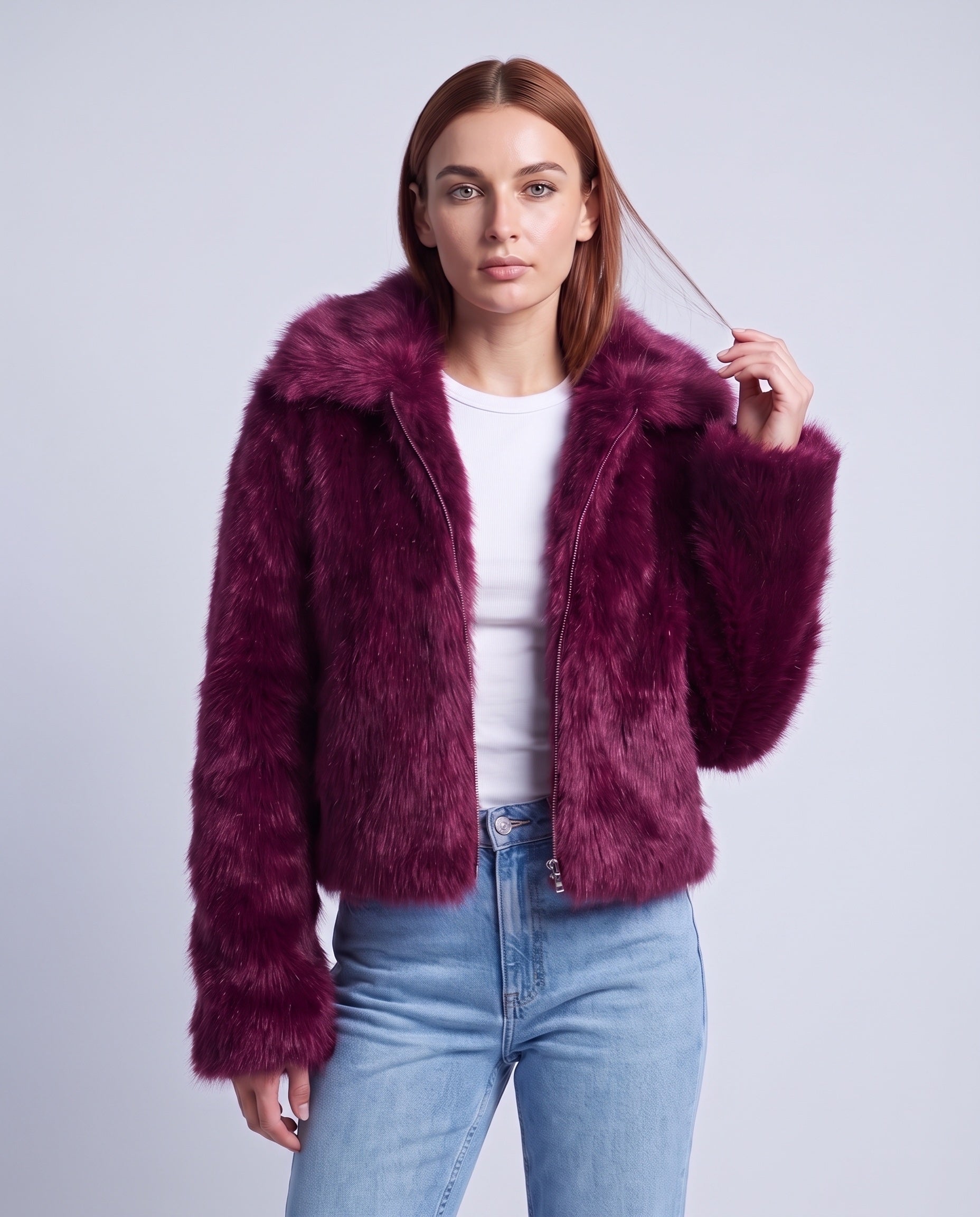 Faux Fur Jacket Women's Cropped Fluffy Coat with High Collar and Zip Front - Purple