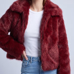 Faux Fur Jacket Women's Cropped Fluffy Coat with High Collar and Zip Front - Red
