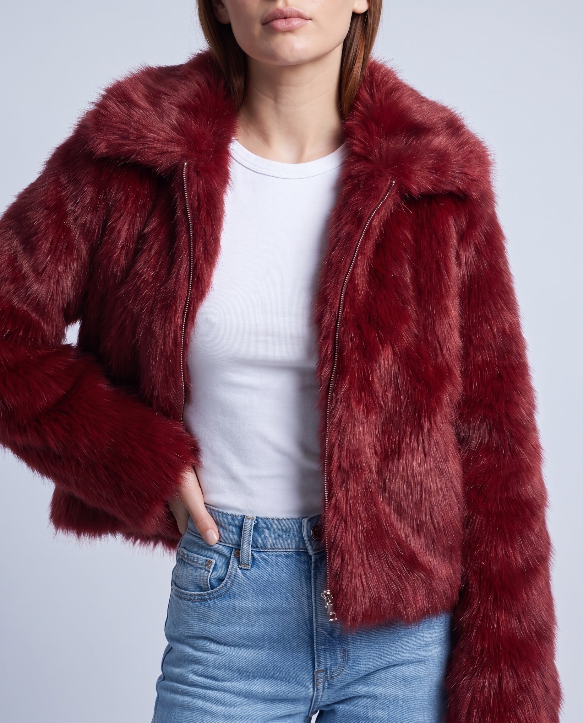 Faux Fur Jacket Women's Cropped Fluffy Coat with High Collar and Zip Front - Red