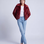 Faux Fur Jacket Women's Cropped Fluffy Coat with High Collar and Zip Front - Red