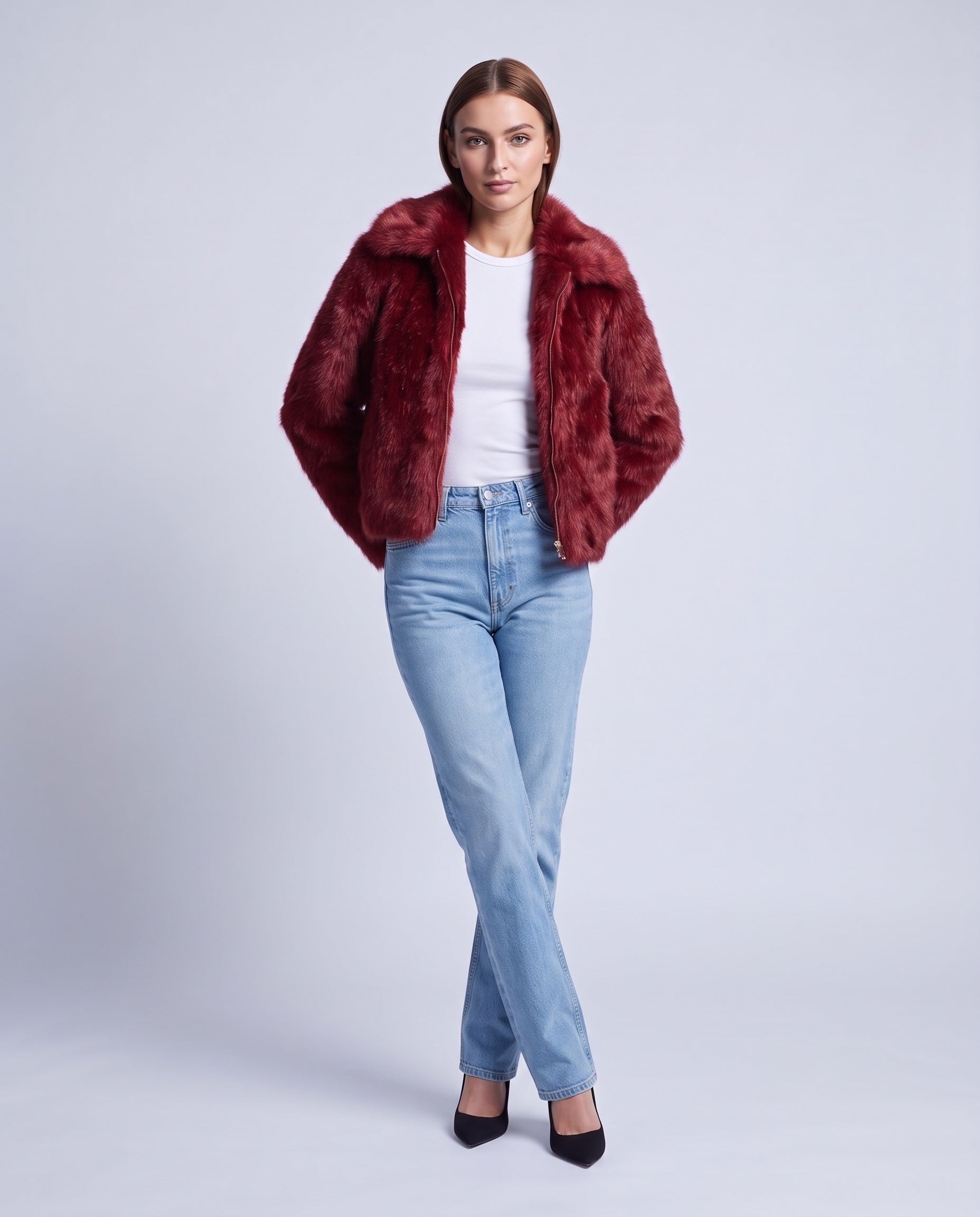 Red Faux Fur Jacket Women's Cropped Fluffy Coat with High Collar and Zip Front