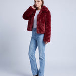 Faux Fur Jacket Women's Cropped Fluffy Coat with High Collar and Zip Front - Red