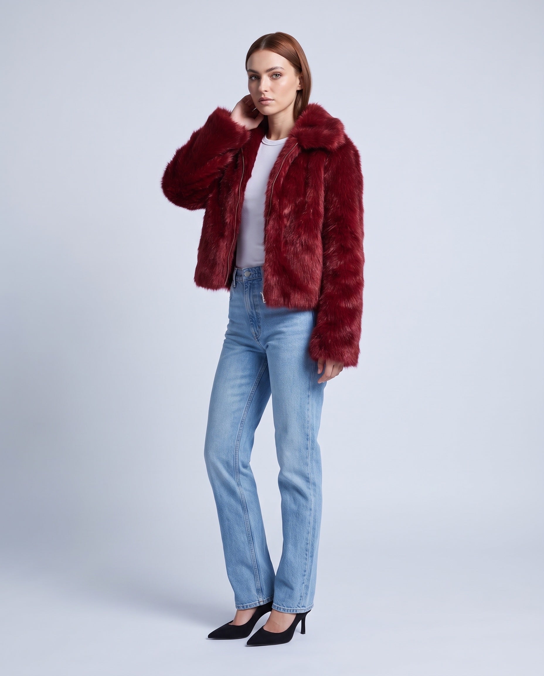 Faux Fur Jacket Women's Cropped Fluffy Coat with High Collar and Zip Front - Red