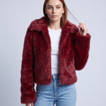 Faux Fur Jacket Women's Cropped Fluffy Coat with High Collar and Zip Front - Red