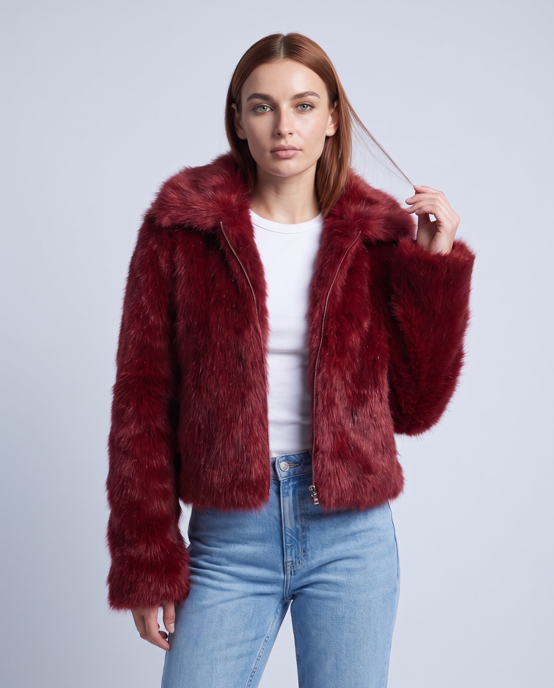 Faux Fur Jacket Women's Cropped Fluffy Coat with High Collar and Zip Front - Red