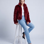 Faux Fur Jacket Women's Cropped Fluffy Coat with High Collar and Zip Front - Red