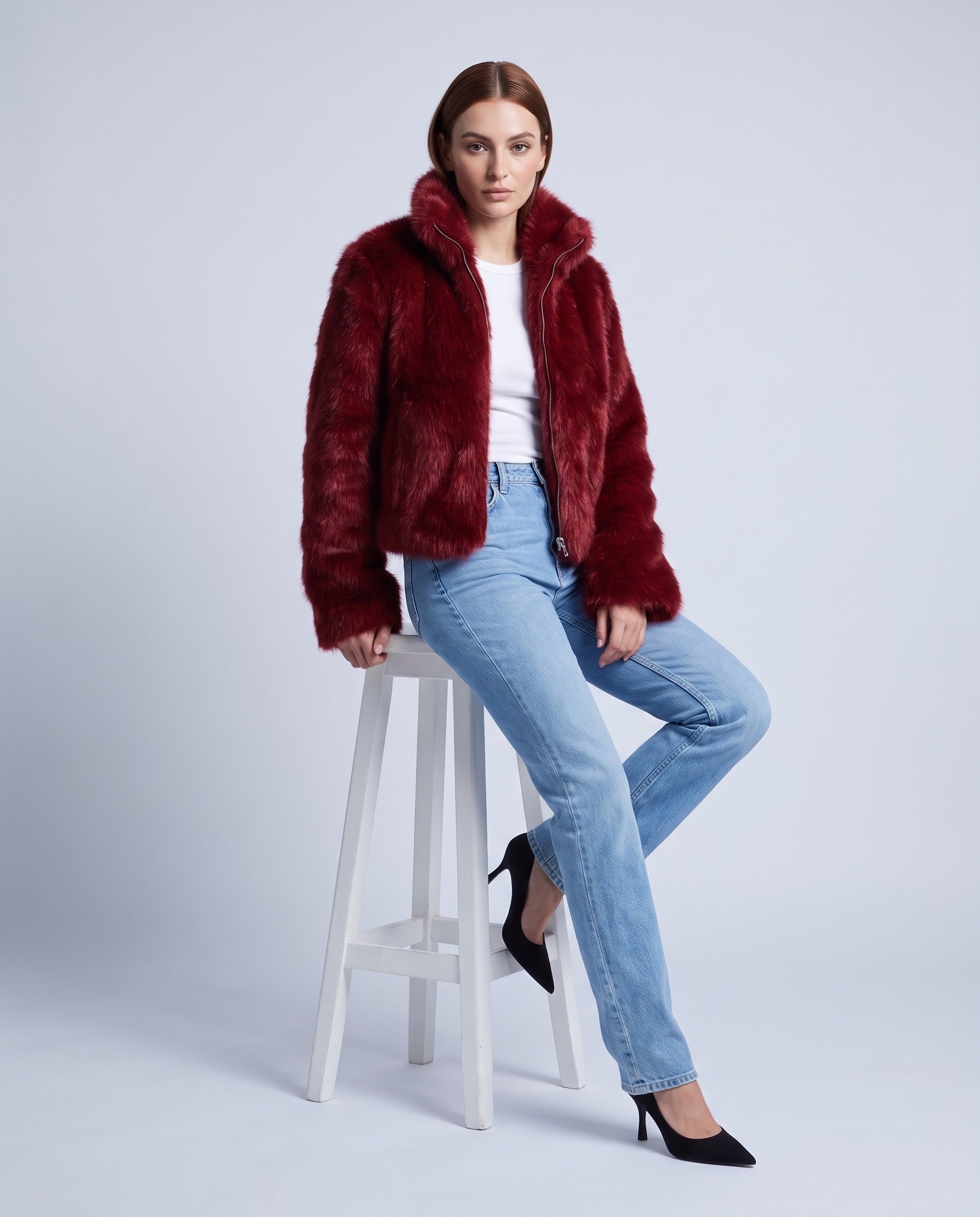 Faux Fur Jacket Women's Cropped Fluffy Coat with High Collar and Zip Front - Red