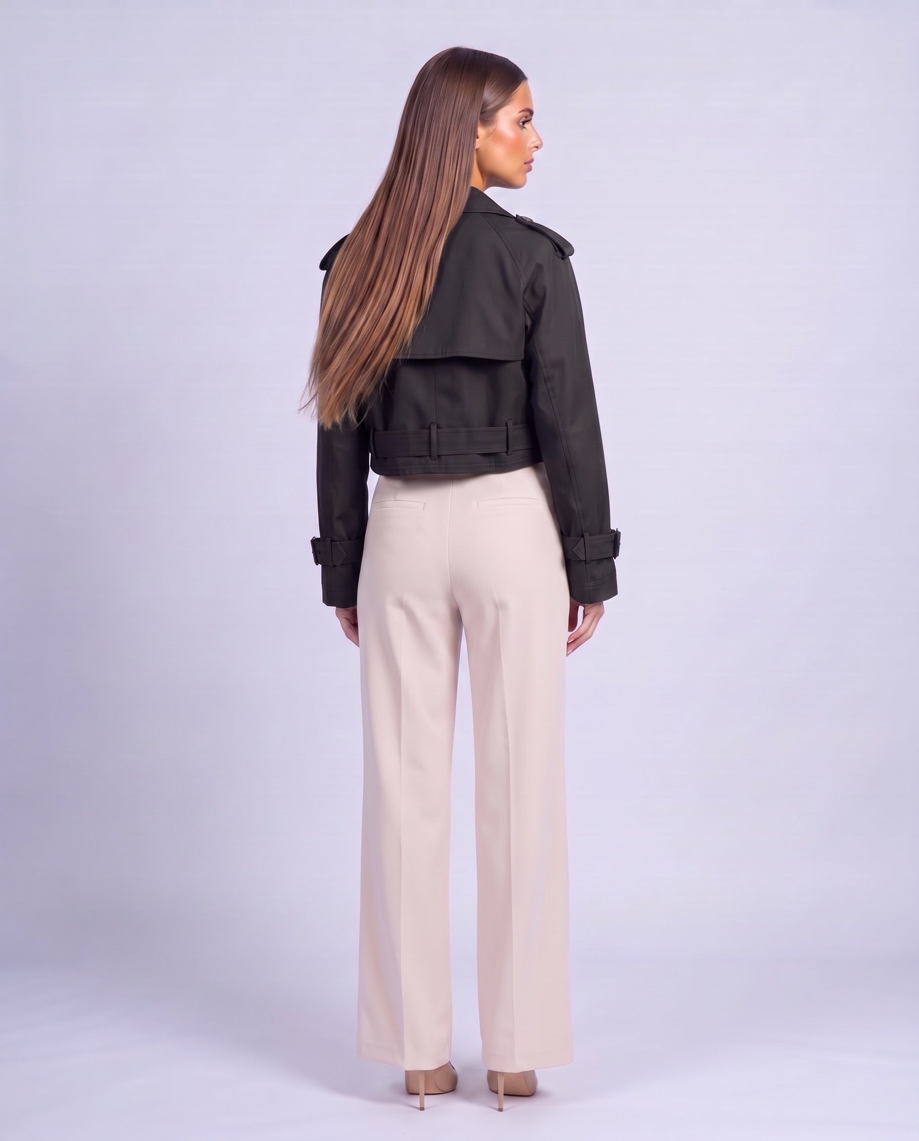 Cropped Utility Trench Coat Women's Belted Autumn Jacket - Black