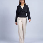 Cropped Utility Trench Coat Women's Belted Autumn Jacket - Black