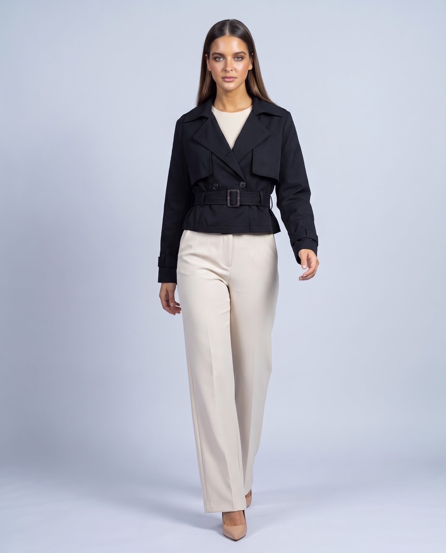 Black Cropped Utility Trench Coat Women's Belted Autumn Jacket