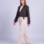 Cropped Utility Trench Coat Women's Belted Autumn Jacket - Black