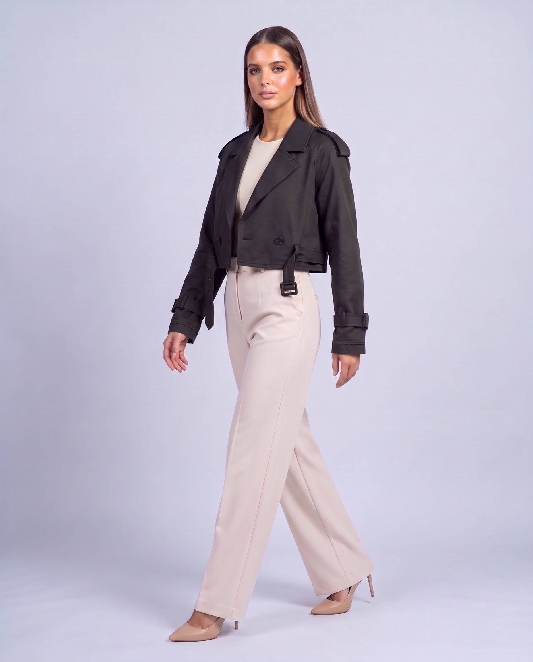 Cropped Utility Trench Coat Women's Belted Autumn Jacket - Black