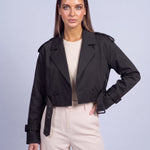 Cropped Utility Trench Coat Women's Belted Autumn Jacket - Black
