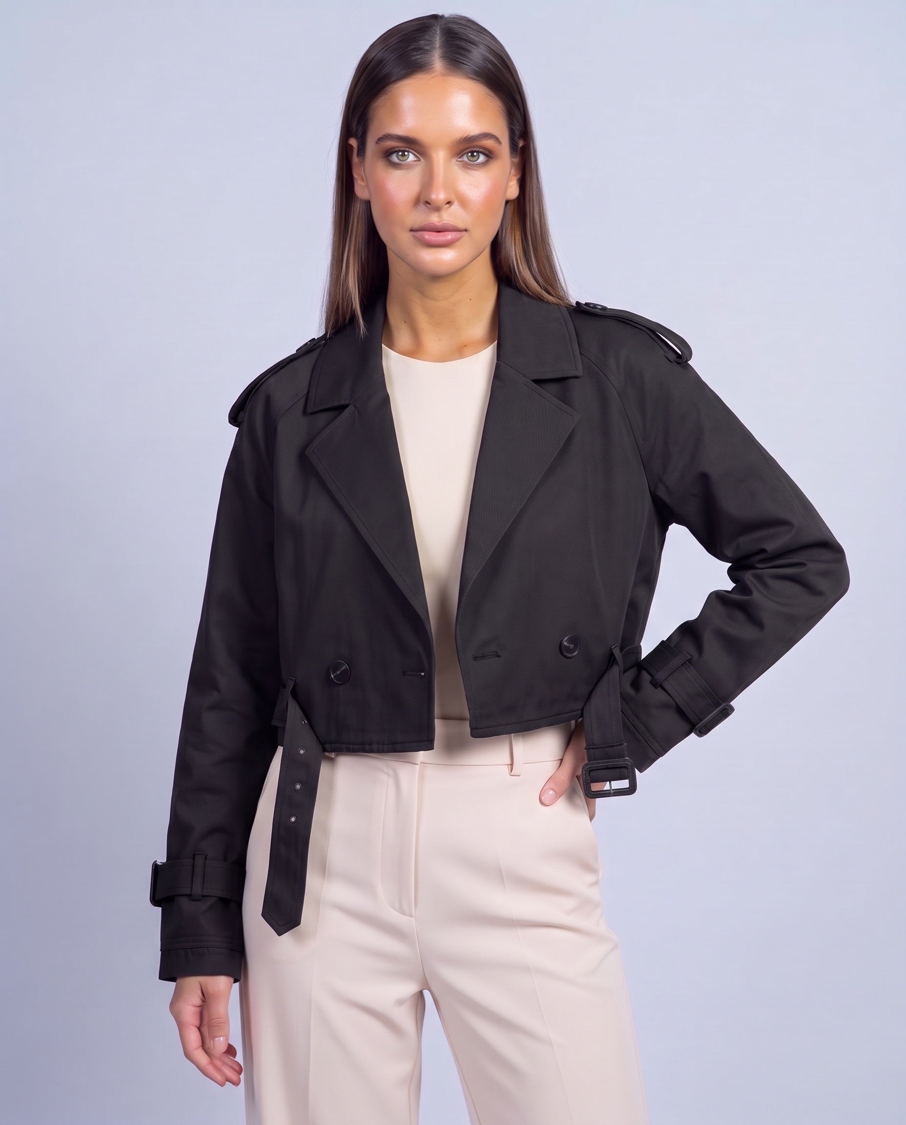 Cropped Utility Trench Coat Women's Belted Autumn Jacket - Black