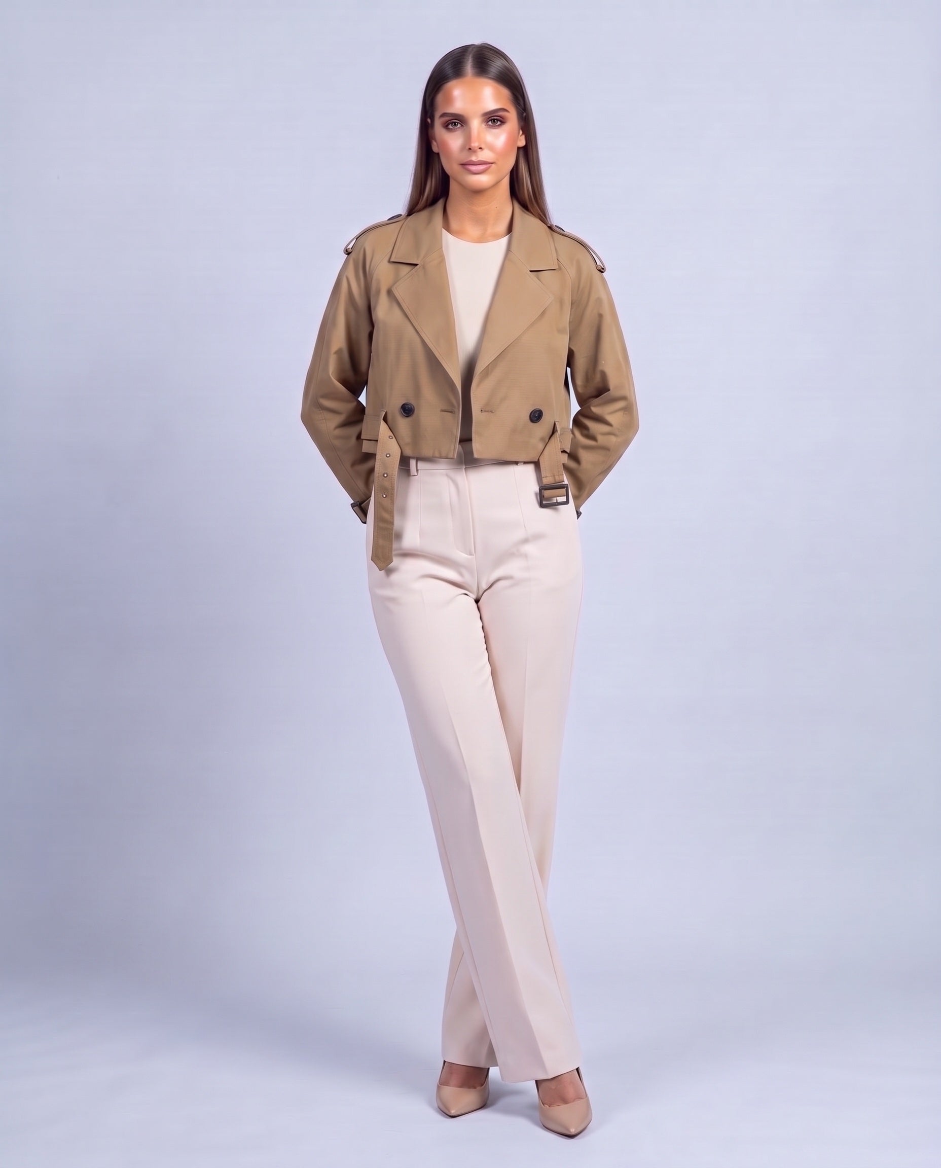 Brown Cropped Utility Trench Coat Women's Belted Autumn Jacket